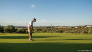 Joven golfista practicando en un campo de golf durante un torneo juvenil en Castilla-La Mancha