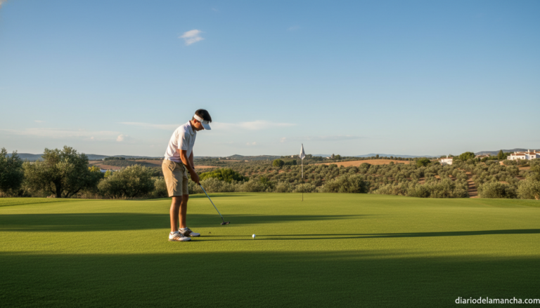 Joven golfista practicando en un campo de golf durante un torneo juvenil en Castilla-La Mancha