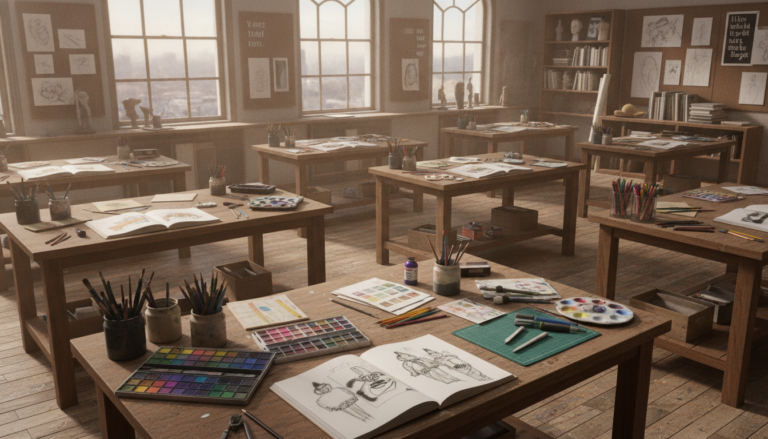 Taller de diseño artístico con mesas de dibujo bocetos paleta de colores lápices pinceles herramientas creativas, ambiente...