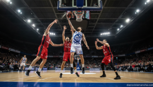 Basketball game action scene in a indoor arena, player driving to the basket with defenders around, dynamic play under the...