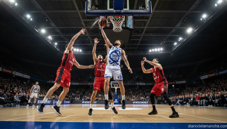Basketball game action scene in a indoor arena, player driving to the basket with defenders around, dynamic play under the...