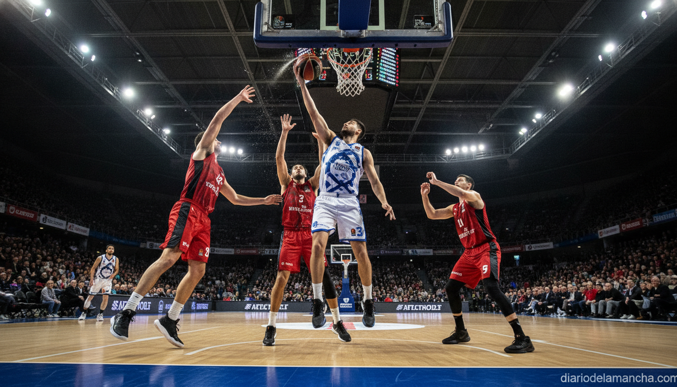 Basketball game action scene in a indoor arena, player driving to the basket with defenders around, dynamic play under the...
