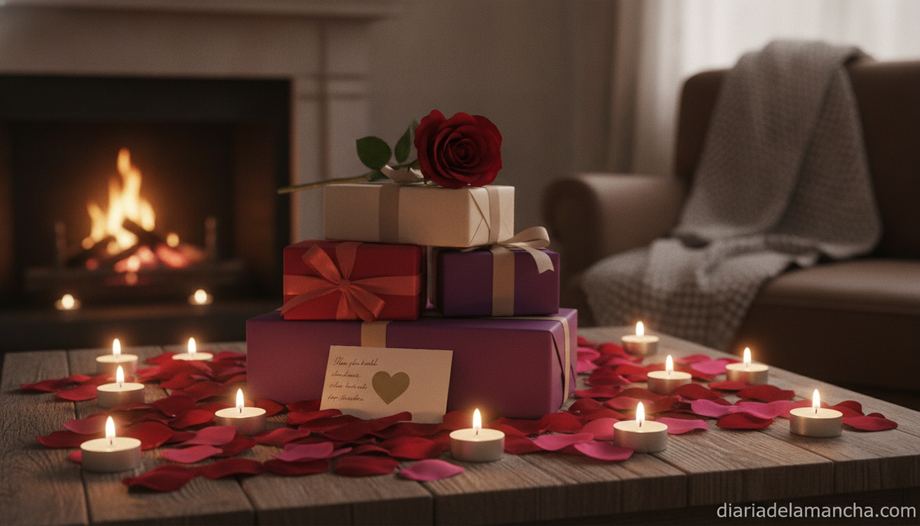 Regalos románticos para San Valentín con velas y pétalos de rosa