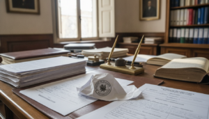 Escritorio de trabajo con documentos de solicitud administrativa, resoluciones oficiales y sello de educación sobre la mes...