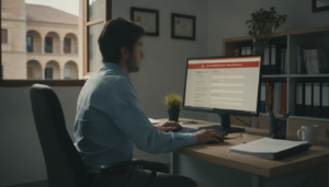 Teacher sitting at desk in front of a computer, filling out official administrative forms online, government education por...