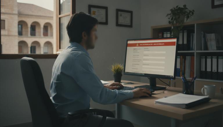 Teacher sitting at desk in front of a computer, filling out official administrative forms online, government education por...