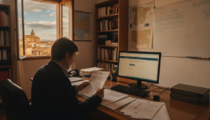 Profesor revisando documentos administrativos en escritorio, papeles con listas y formularios educativos, ordenador con po...