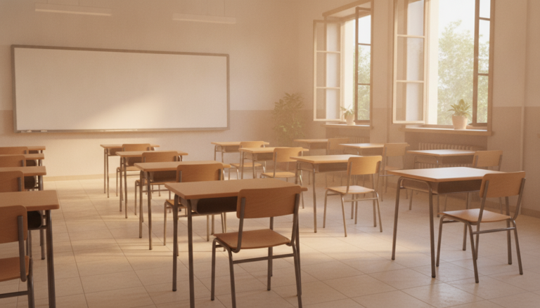 Aula de colegio español vacía en verano. Pupitres ordenados, pizarra en blanco, ventanas con luz de junio. Ambiente tranqu...