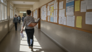 Maestra con carpeta de documentos en pasillo de colegio, tablones con avisos oficiales al fondo, ambiente institucional ed...
