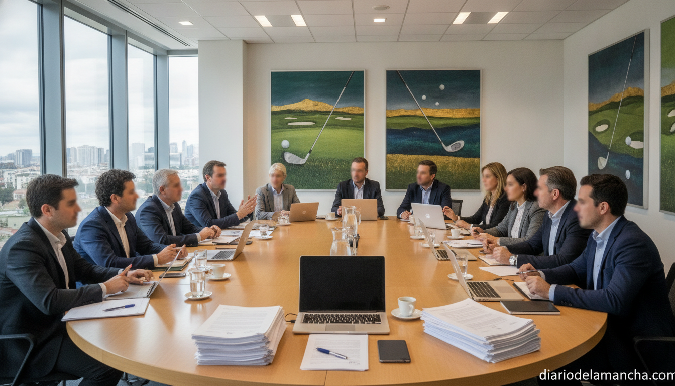 Sports federation directors meeting in a modern conference room, golf-themed art on the walls, diverse group of profession...
