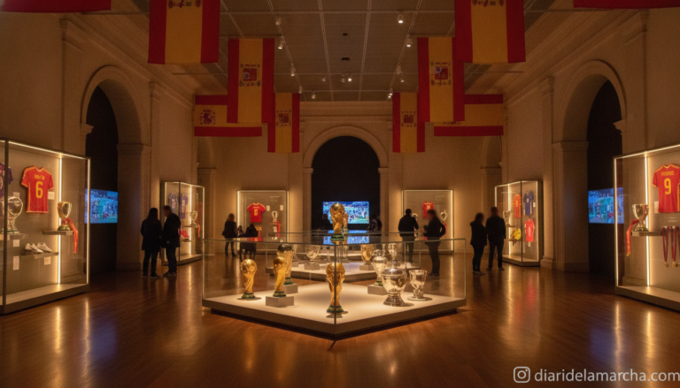 Soccer World Cup exhibition hall with Spanish flags and trophies on display, cultural center interior, warm lighting, no i...