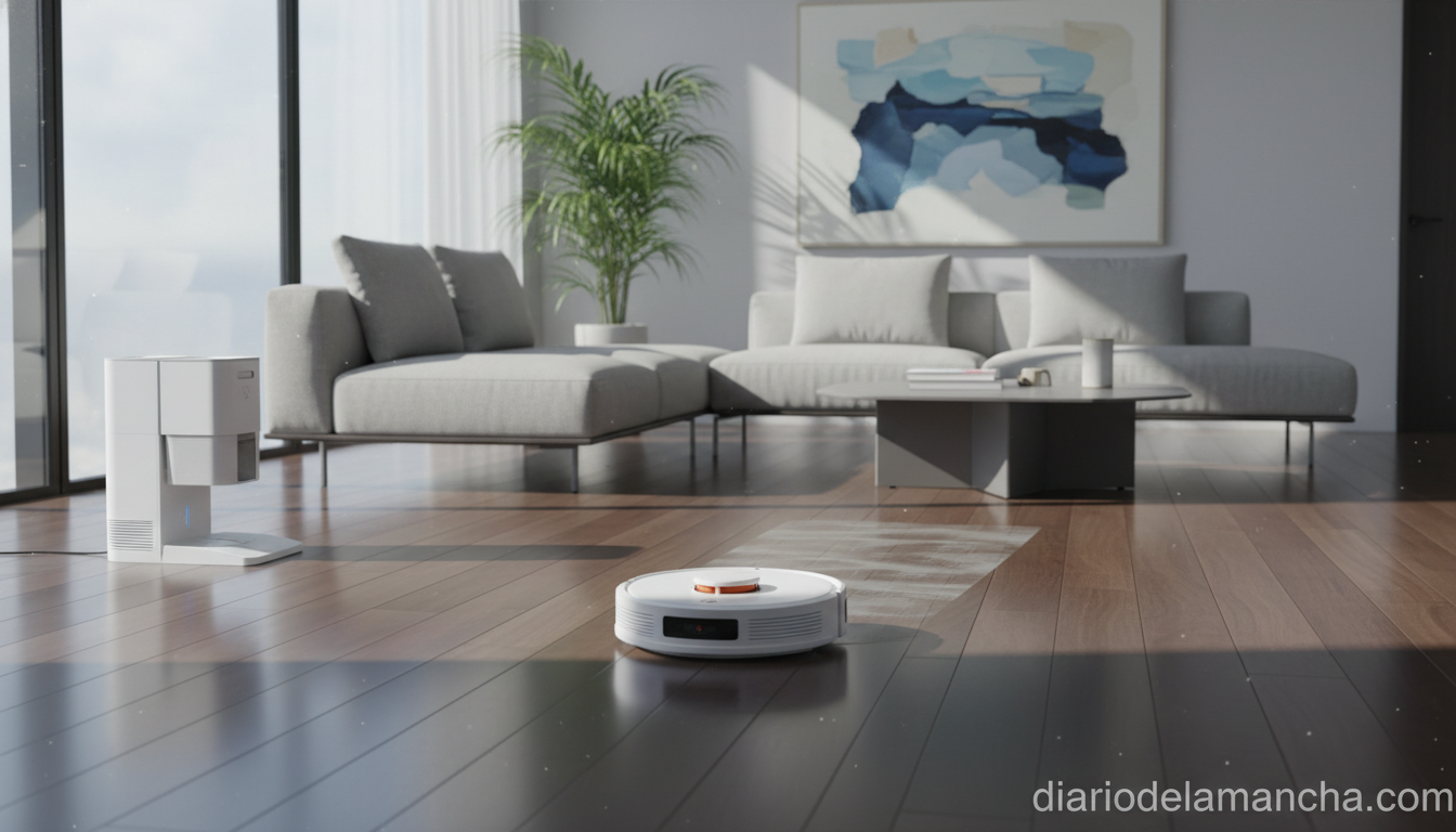 Tapo RV50 Pro Omni: revoluciona tu hogar y olvida la tarea de limpiar 1 Robot aspirador friegasuelos inteligente limpiando salón con suelo de madera oscura