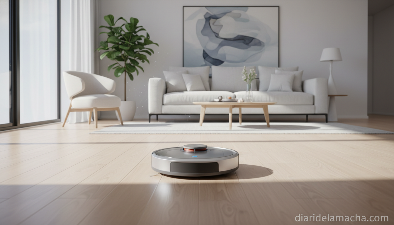 Robot aspirador limpiando suelo de salón moderno