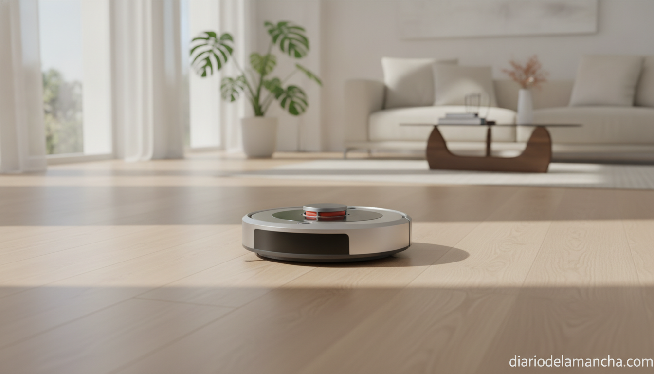 Robot aspirador en salón moderno con suelo de madera