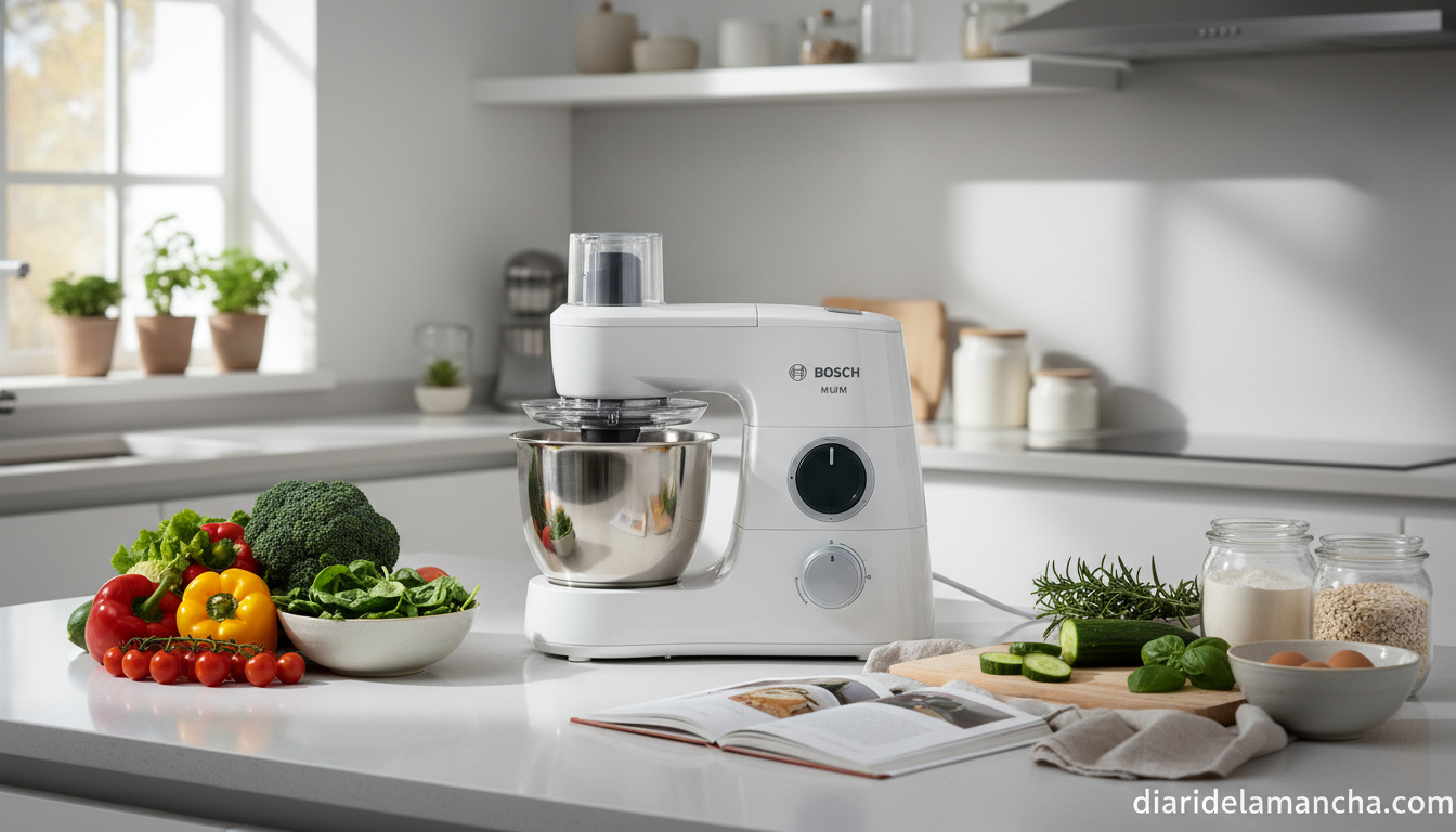 Robot de cocina Bosch sobre encimera de cocina moderna con ingredientes frescos
