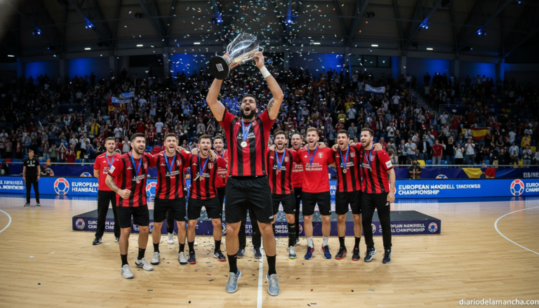 Handball player celebrating a championship victory with teammates on an indoor arena court in Europe, team in red and blac...