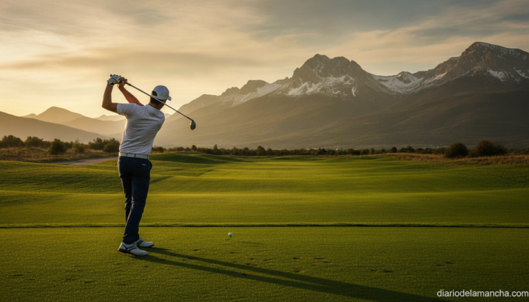Golfista profesional durante un swing en un campo de golf con montañas al fondo