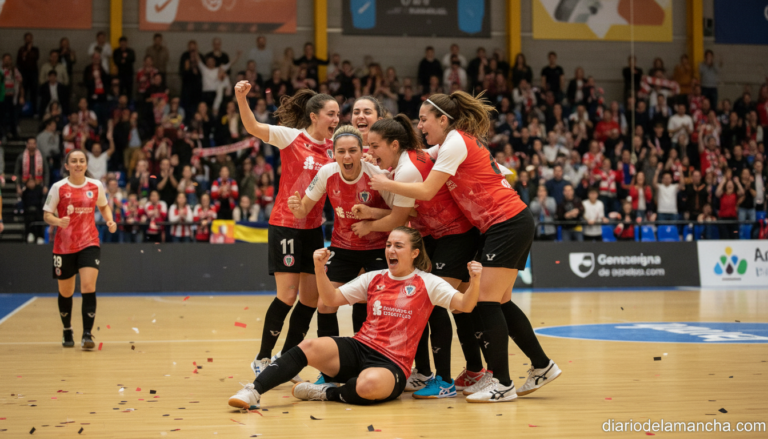 Women's futsal team celebrating a goal in an indoor sports hall, players in team jerseys, emotional celebration, crowd wat...
