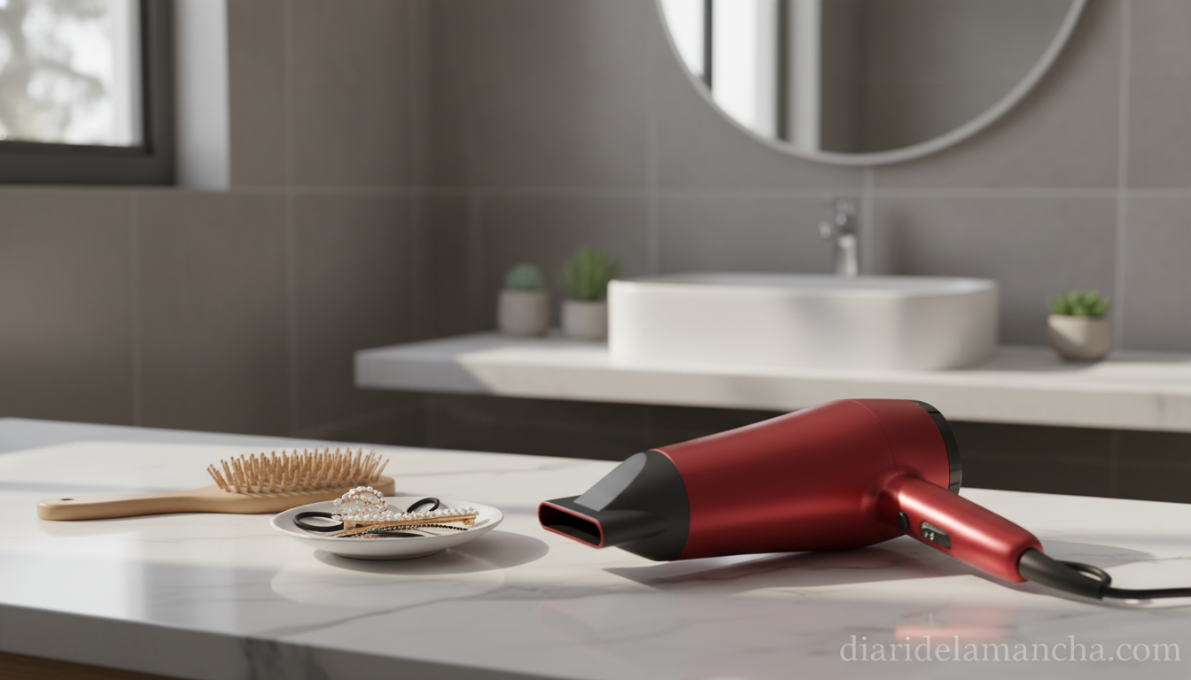 Secador de pelo rojo sobre encimera de baño con accesorios capilares