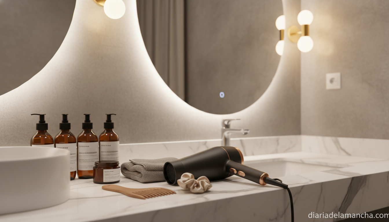Secador de pelo profesional en baño moderno con accesorios capilares
