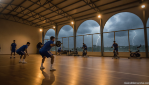 Spanish football players training in an indoor gymnasium, wearing blue training kit, working out with gym equipment while ...