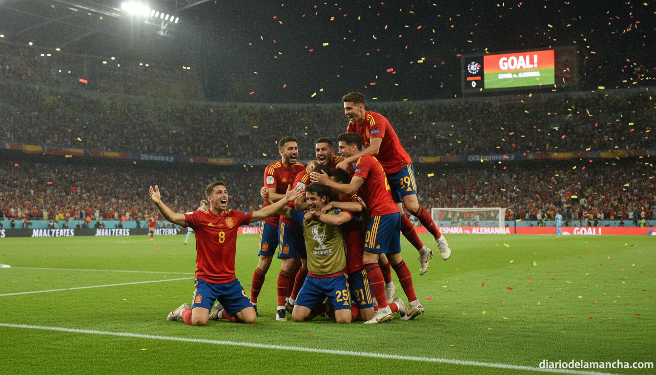 Spanish national football team celebrating a goal during an international match, players in red jerseys on a green pitch, ...