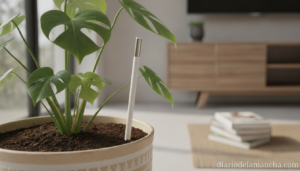 Sensor de humedad para plantas insertado en maceta de interior