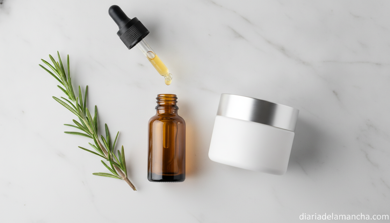Sérum de retinol en frasco de cristal ámbar junto a crema hidratante en superficie de mármol