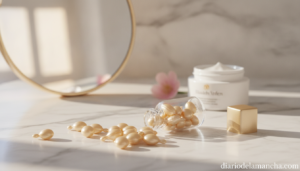 Cápsulas de sérum de vitamina C sobre superficie de mármol con productos de cuidado facial