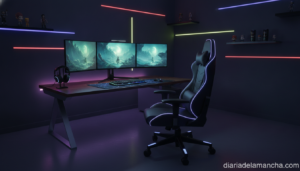 Silla gamer ergónomica en setup de videojuegos con iluminación RGB