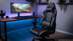 Silla gaming ergonómica con soporte lumbar en setup de escritorio moderno