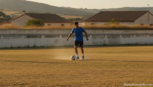 A midfielder football player in training on a regional Spanish football pitch, wearing a plain training kit, passing the b...