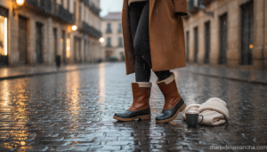 Botas impermeables Skechers mujer en calle mojada invierno