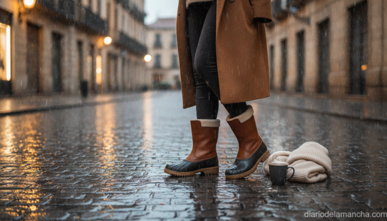 Botas impermeables Skechers mujer en calle mojada invierno