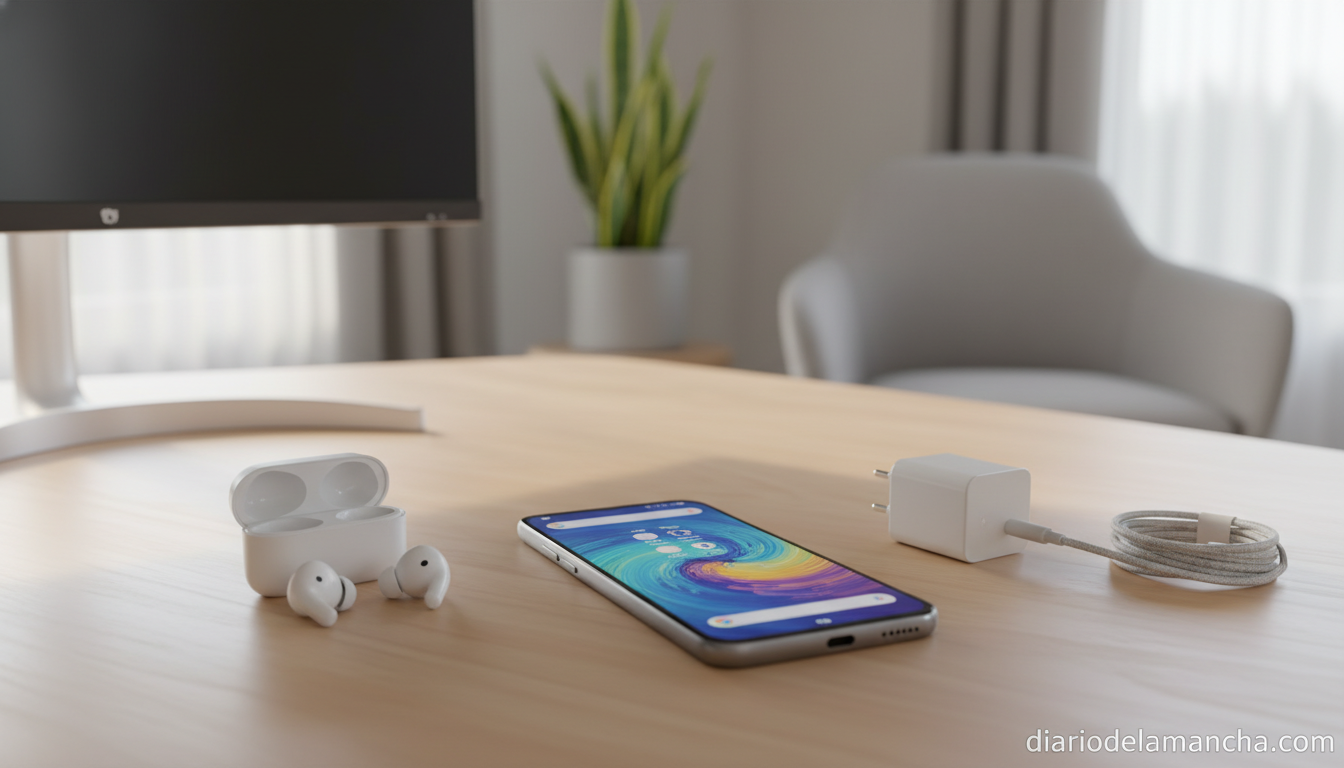 Smartphone Android gama media sobre escritorio moderno con accesorios