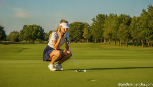 Young female golfer on a golf course green lining up a putt, natural grass fairway with trees in background, sunny day, re...