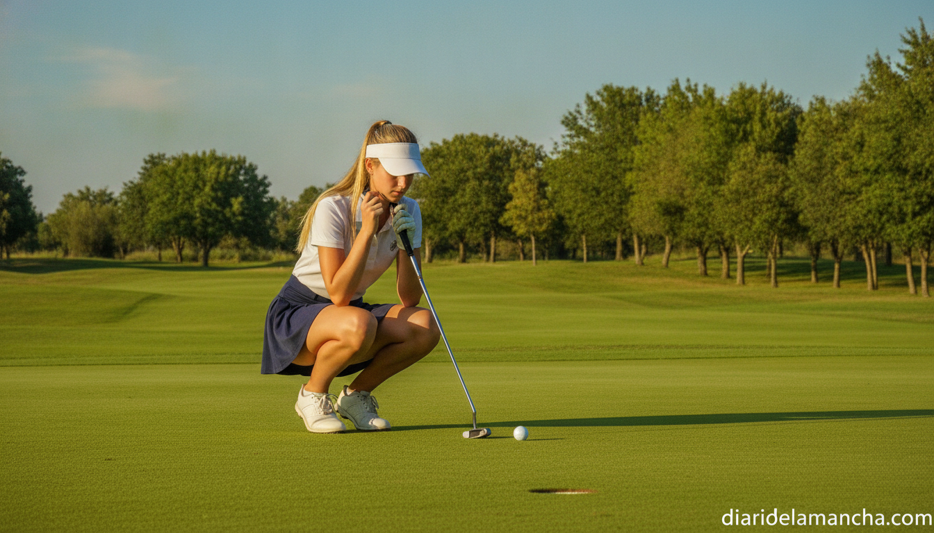 Young female golfer on a golf course green lining up a putt, natural grass fairway with trees in background, sunny day, re...