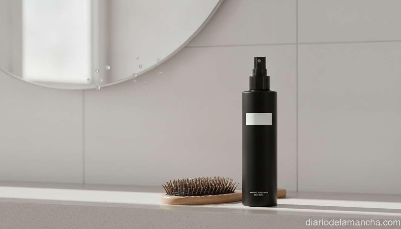 Spray antiencrespamiento capilar sobre encimera de baño con cepillo y espejo