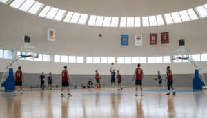 Pista de baloncesto en pabón deportivo de Castilla-La Mancha con jugadores entrenando