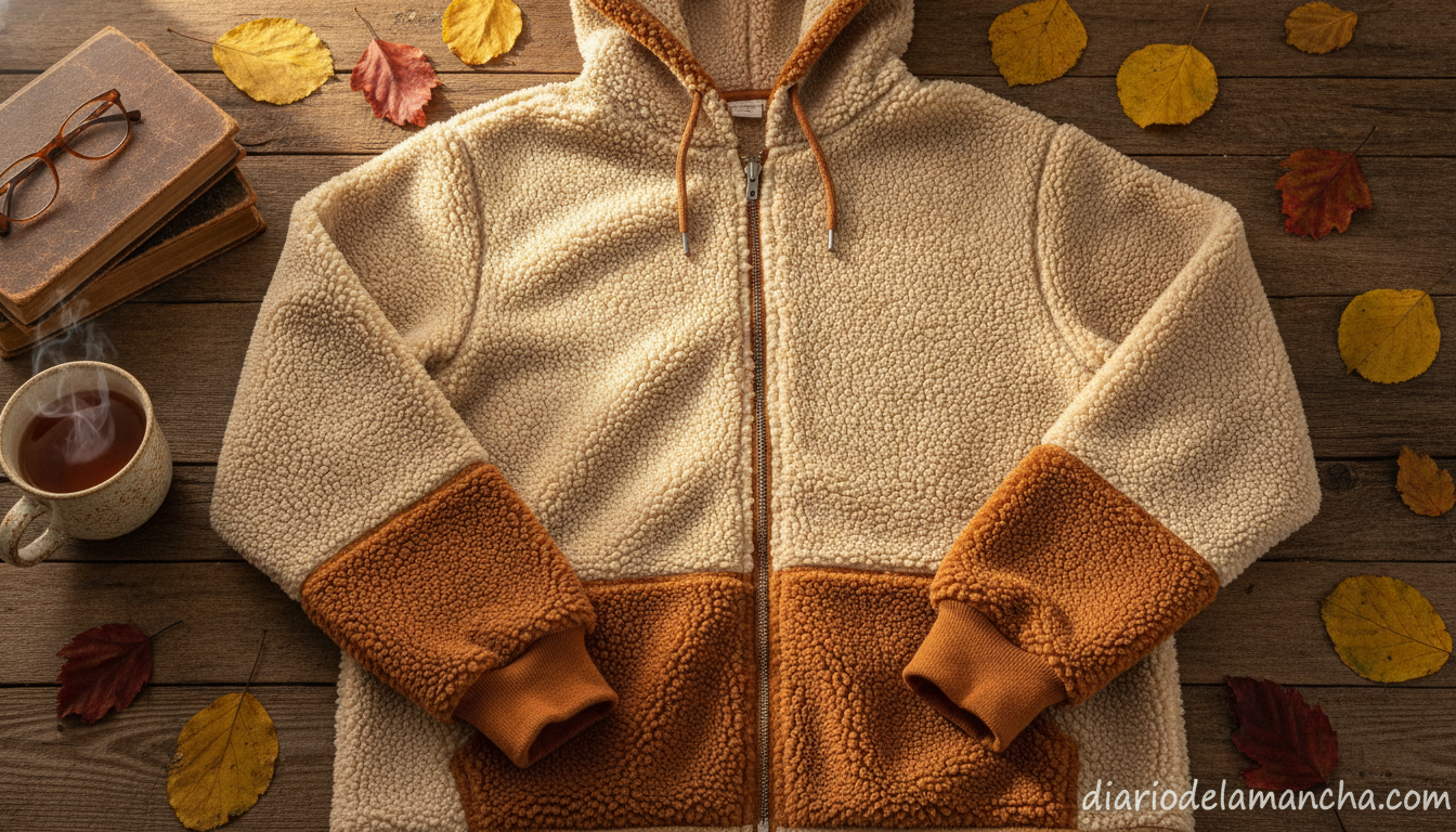 Sudadera con capucha de forro polar sherpa sobre mesa de madera, estilo casual otoñal