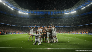 Football match action scene in a large modern stadium at night, players celebrating a goal, photojournalistic style, no id...