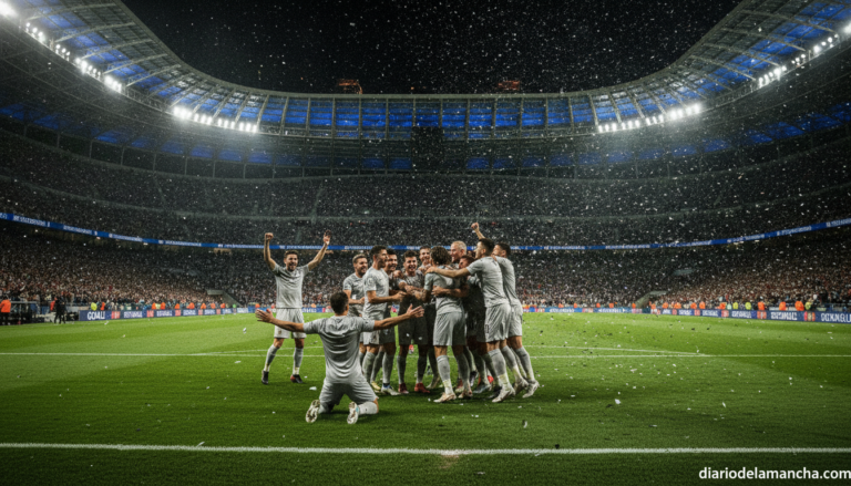 Football match action scene in a large modern stadium at night, players celebrating a goal, photojournalistic style, no id...
