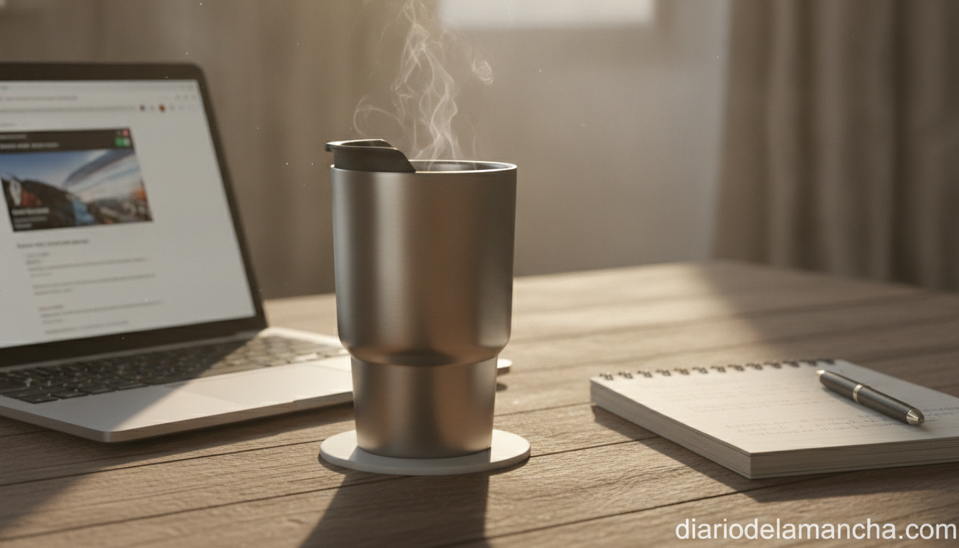 Descubre la taza económica que conserva el calor de tus bebidas por horas 1 Taza termós de acero inoxidable conservando el calor en escritorio de trabajo