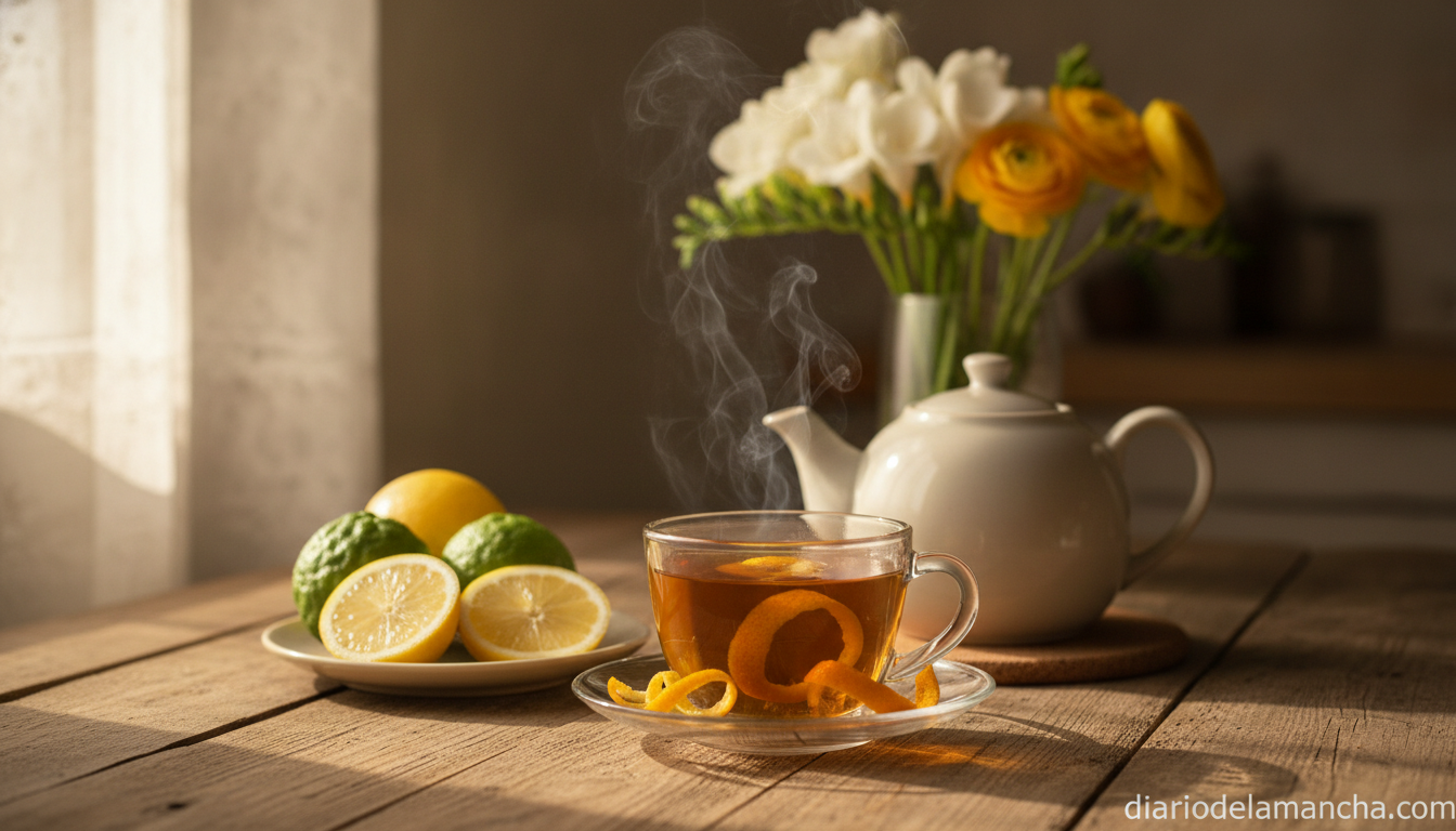 Exuberantes notas cítricas y florales que despiertan los sentidos a un mundo de frescura y sofisticación 1 Té Negro Earl Grey Special en taza con vapor en cocina acogedora