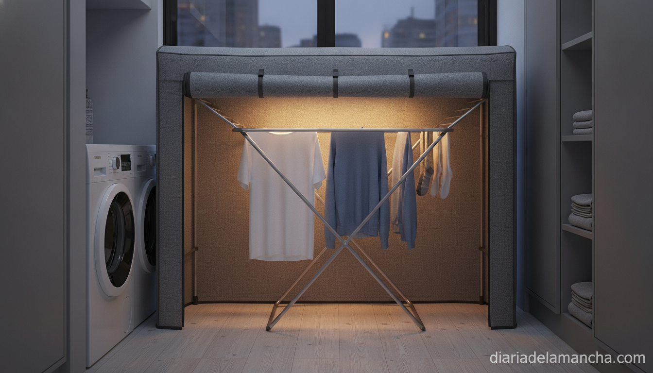 Tendederos verticales con calefactor: la sensación en ventas de Amazon 1 Tendedero vertical con calefactor secadora portátil en apartamento moderno