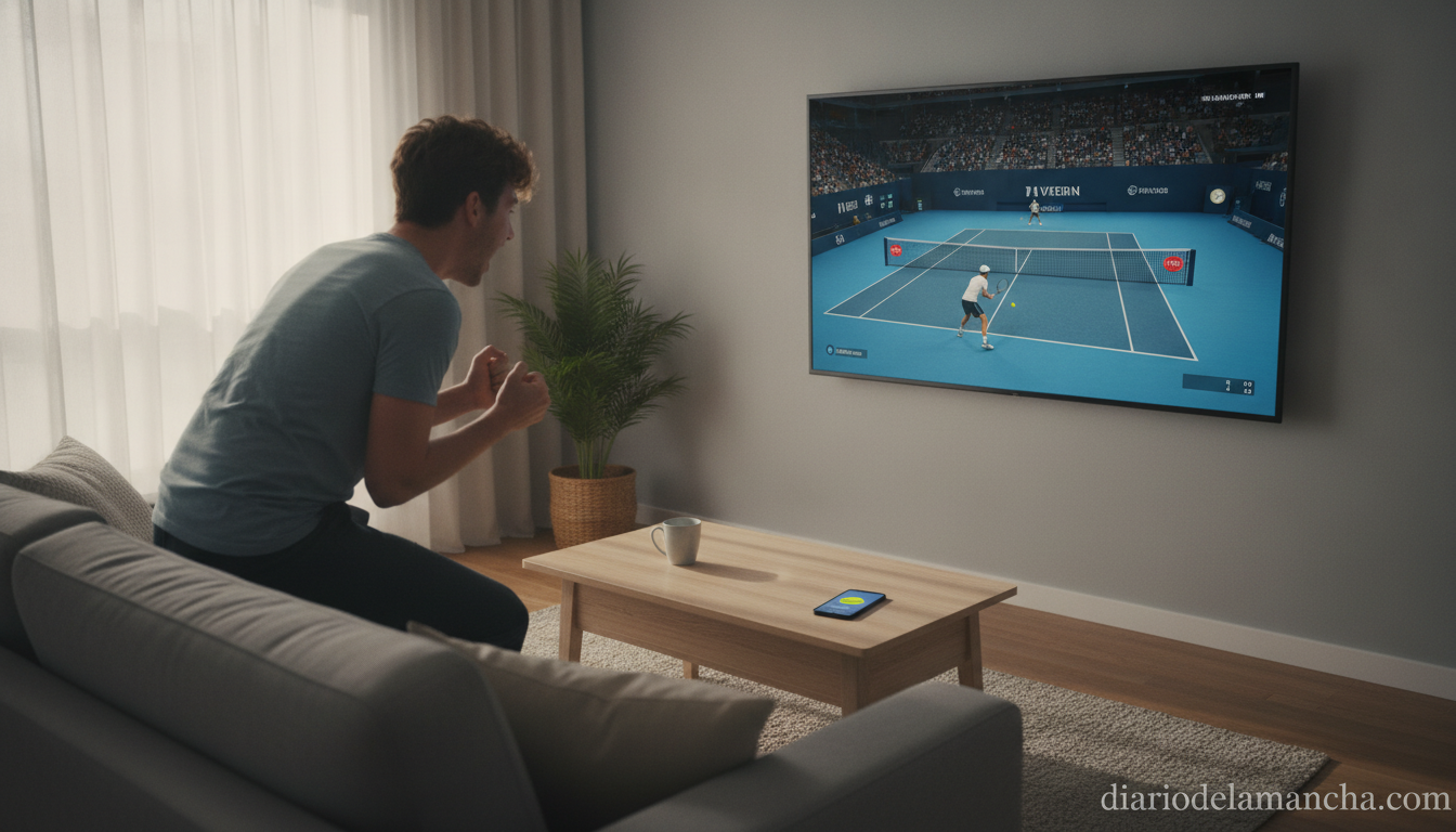 Aficionado viendo el Open de Australia de tenis en smart TV desde casa