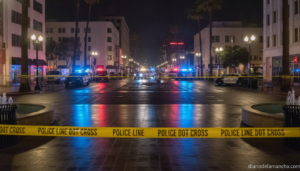 Wide angle view of a public square at night with police emergency lights and yellow crime scene tape cordoning off an area...