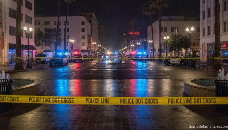Wide angle view of a public square at night with police emergency lights and yellow crime scene tape cordoning off an area...