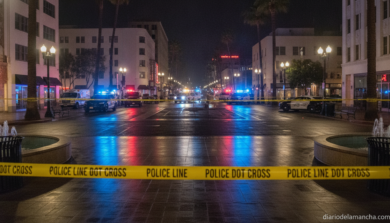 Wide angle view of a public square at night with police emergency lights and yellow crime scene tape cordoning off an area...