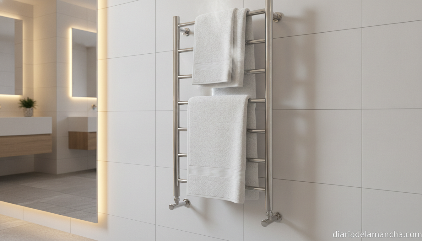 Toallero eléctrico cromado en baño moderno con toallas calientes
